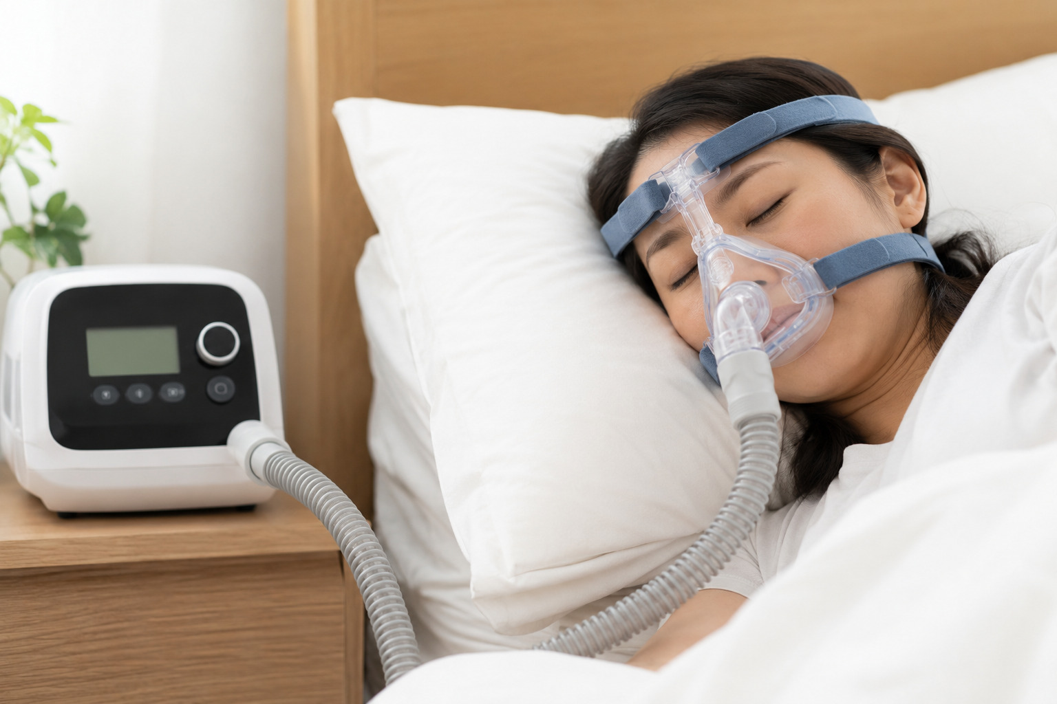 CPAP装置のマスクを装着して就寝する女性。睡眠時無呼吸症候群の治療イメージ